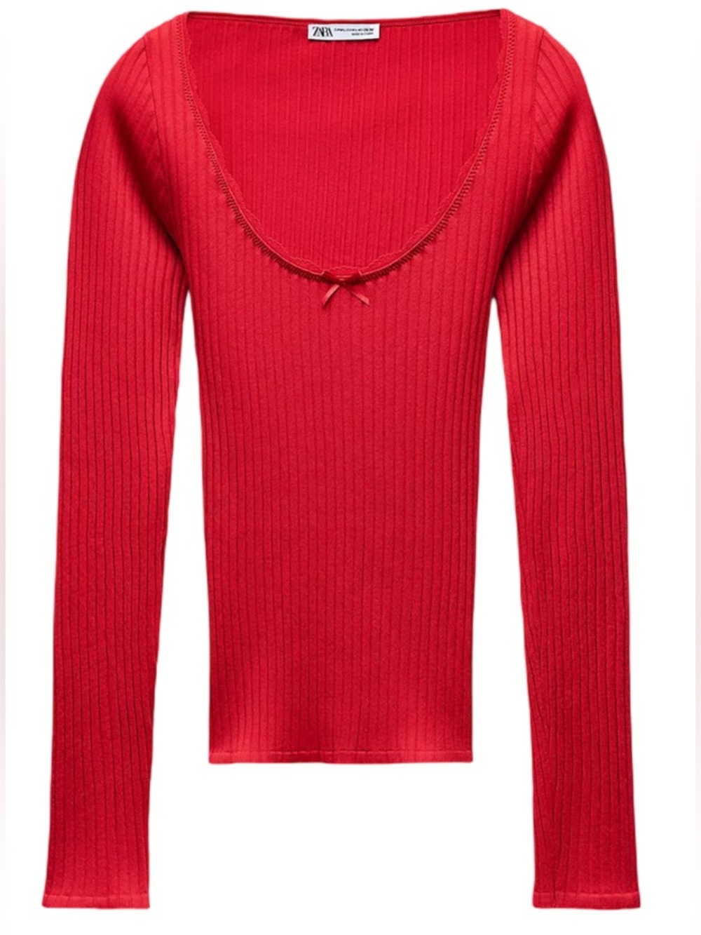 ♥️ ZARA Red Ribbed Scoop-Neck Long Sleeve Top fitted